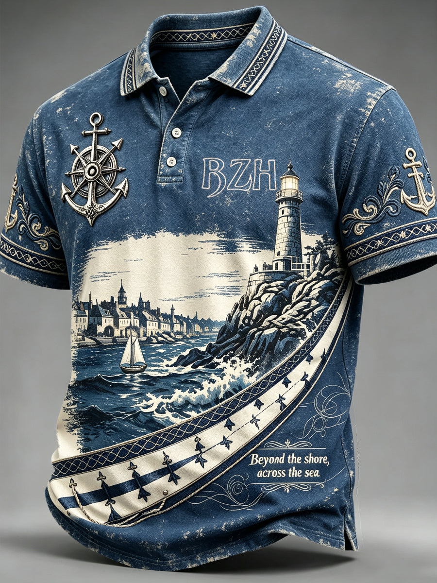 Polo décontracté pour homme, style breton vintage, imprimé phare, couleur bleue