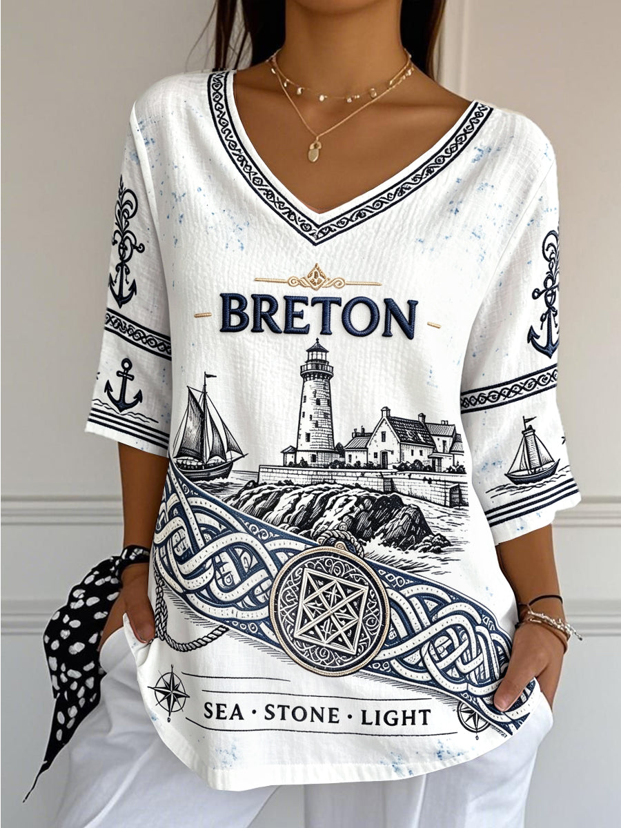 T-shirt décontracté et léger pour femme, blanc, à col en V, orné d’un imprimé phare de style breton