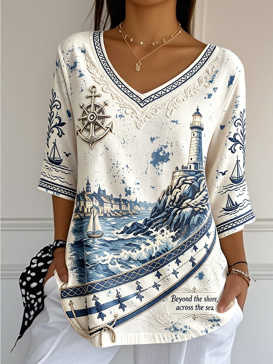 T-shirt décontracté en coton-lin pour femme, imprimé phare de Bretagne, col en V, style frais