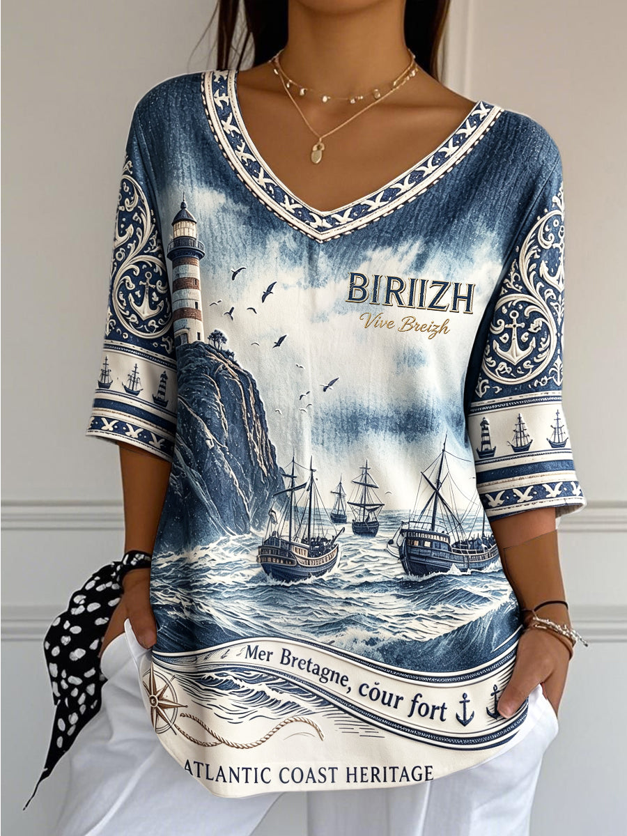 T-shirt léger à col en V pour femme, motif marin dégradé représentant le phare de Bretagne, France