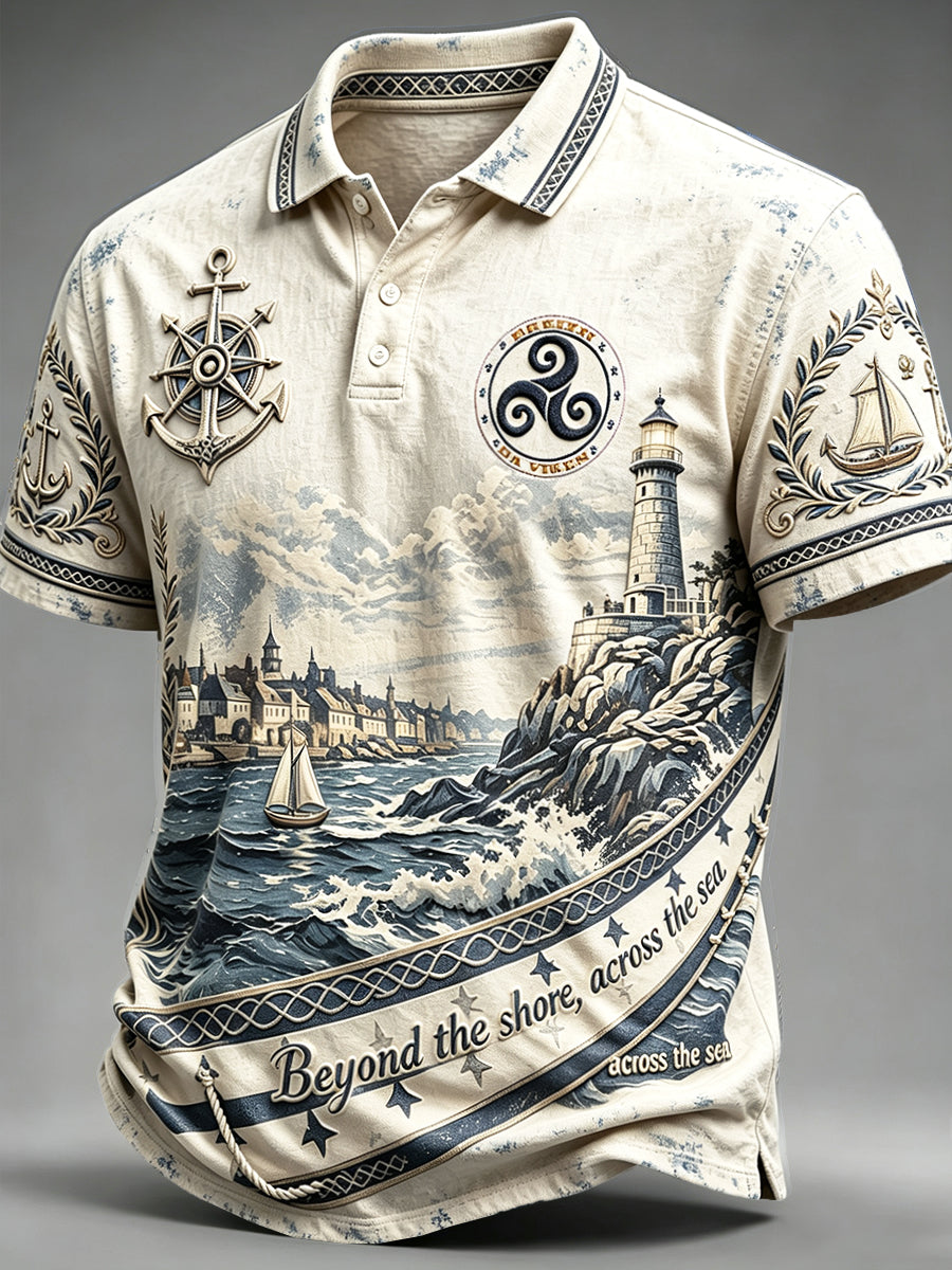 Polo décontracté pour homme, style vintage, blanc cassé, motif nautique représentant un phare de Bretagne, France