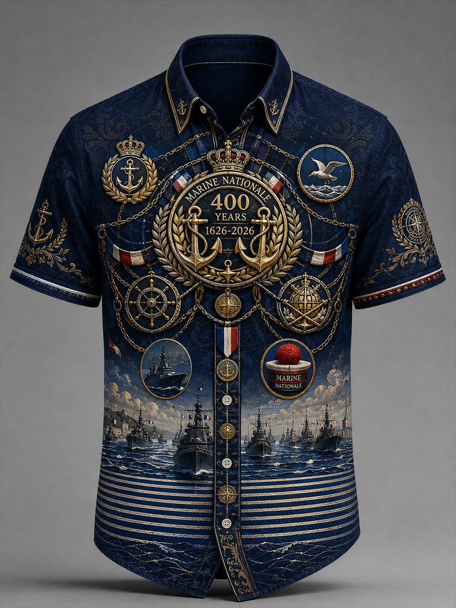 Chemise décontractée pour homme, marine française, manches courtes