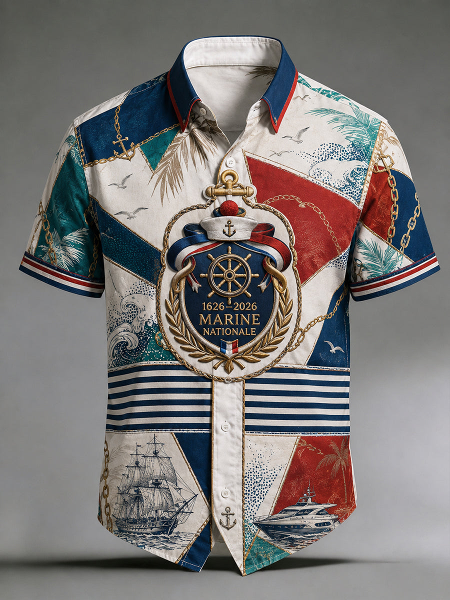 Chemise décontractée pour homme, marine française, manches courtes