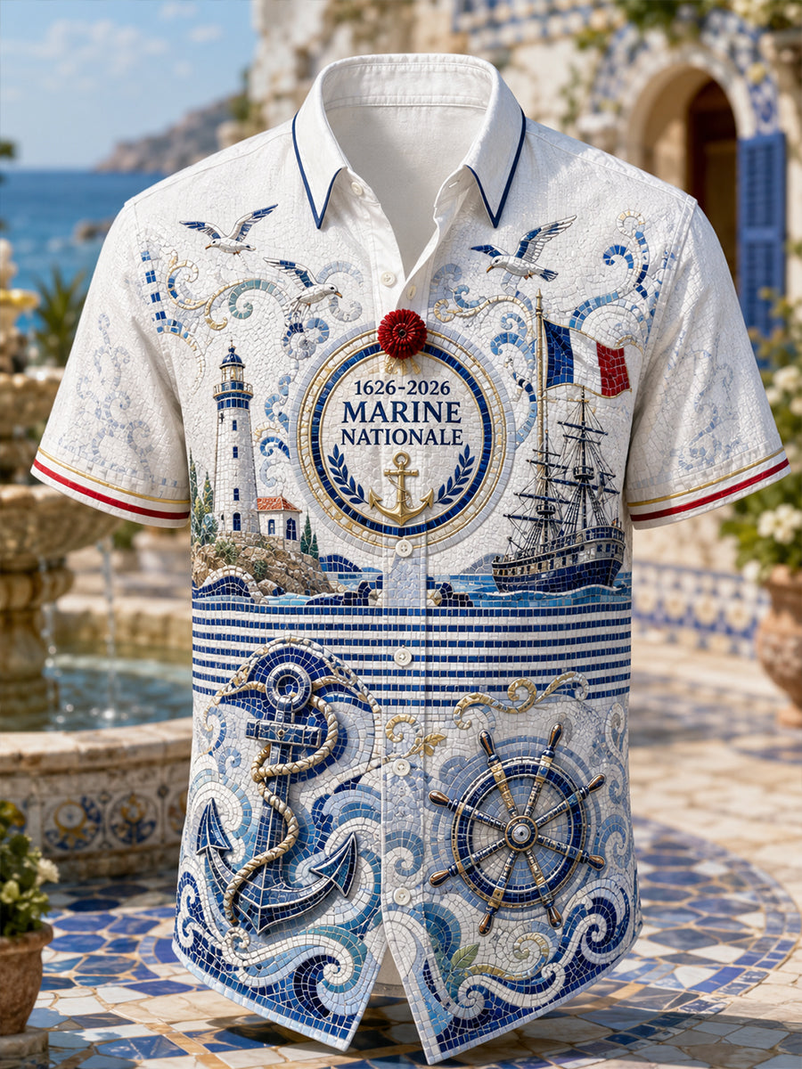 Chemise décontractée pour homme, marine française, manches courtes