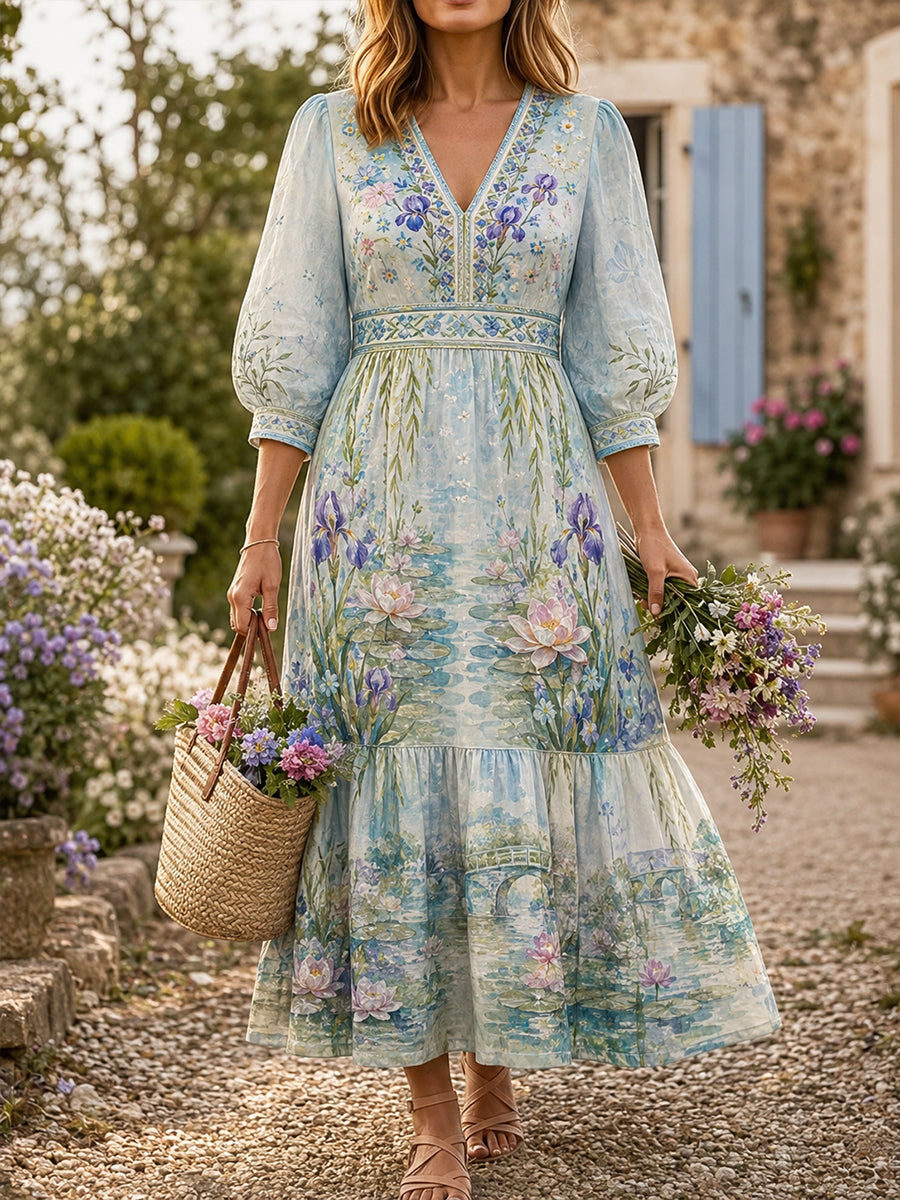 Robe décontractée en coton-lin pour femme, motif floral à l’aquarelle française