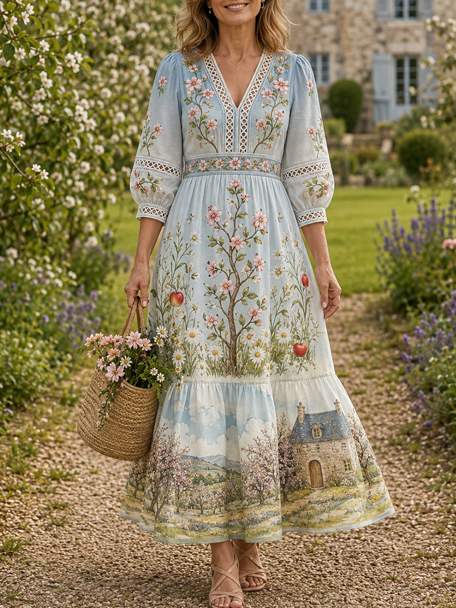 Robe décontractée en coton-lin pour femme, motif floral à l’aquarelle française