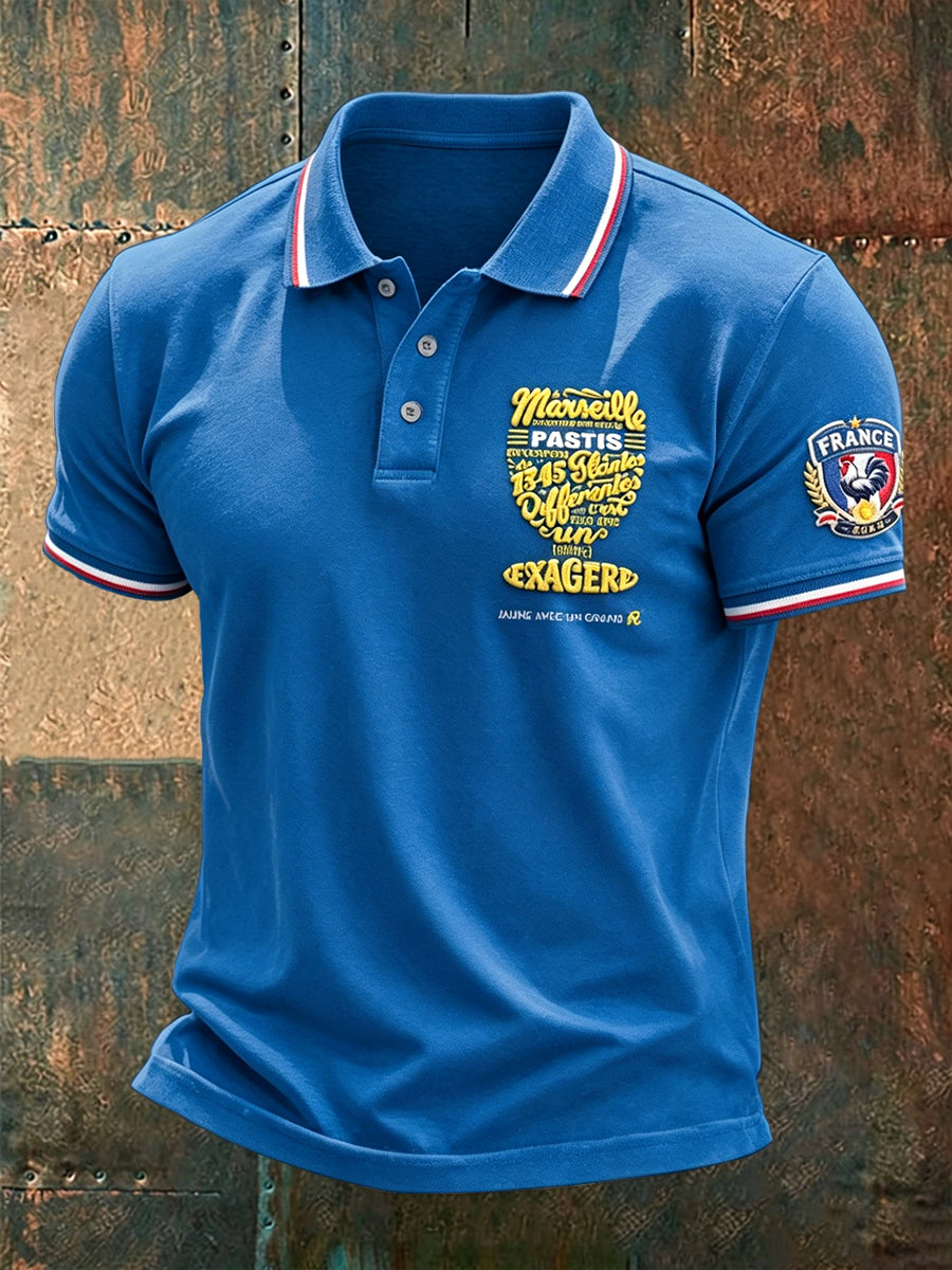 Polo décontracté à manches courtes pour homme, imprimé pastis français bleu