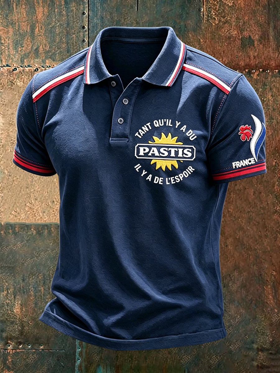Polo décontracté pour homme, bleu foncé, imprimé pastis français