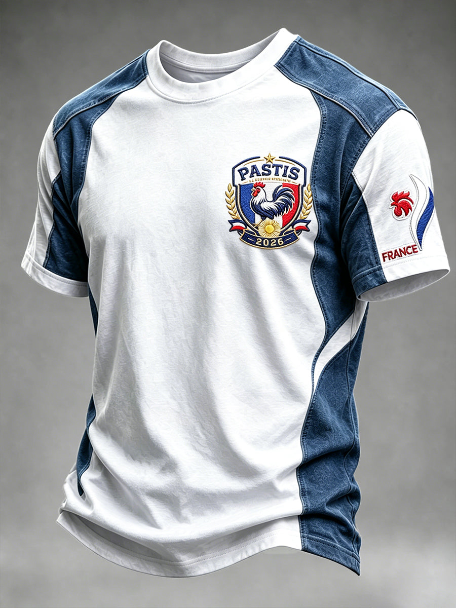 T-shirt décontracté pour homme à imprimé patchwork coq français et pastis