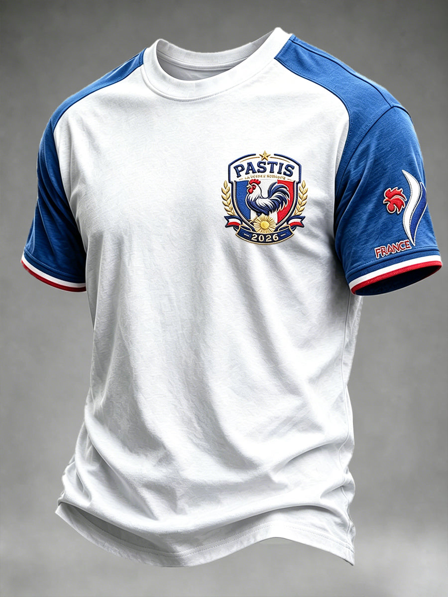 T-shirt décontracté pour homme, blanc, à imprimé patchwork coq français et pastis
