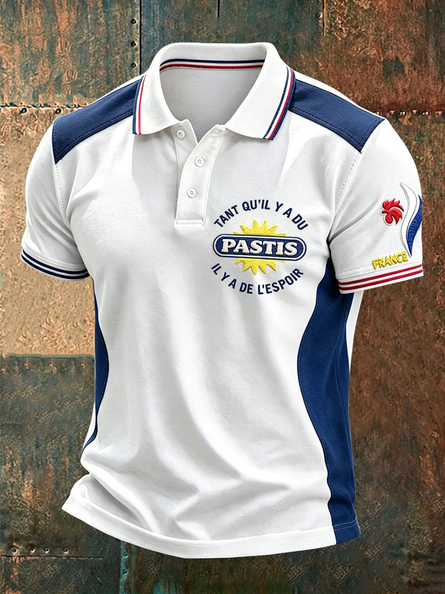 Polo décontracté pour homme en patchwork à imprimé pastis français