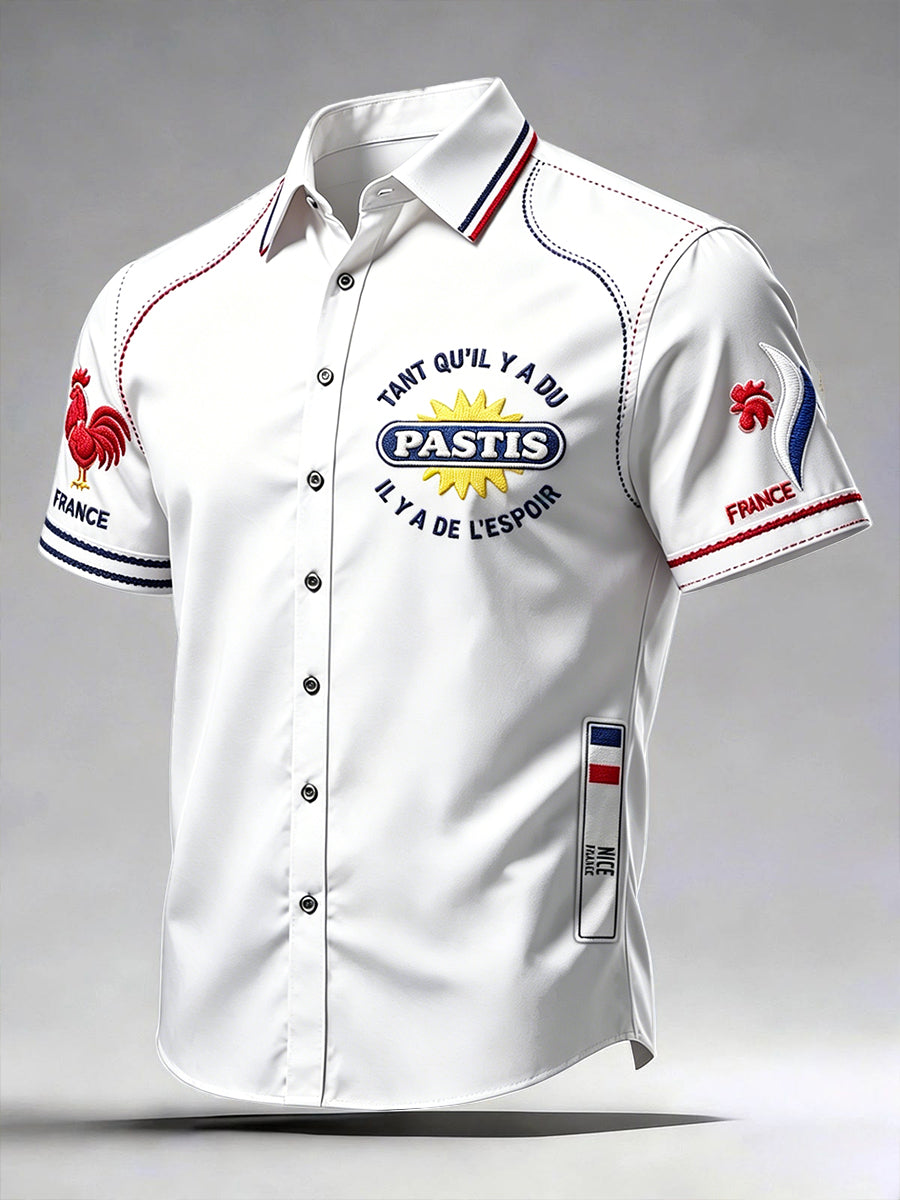 Chemise décontractée blanche à manches courtes pour homme, imprimé Pastis français