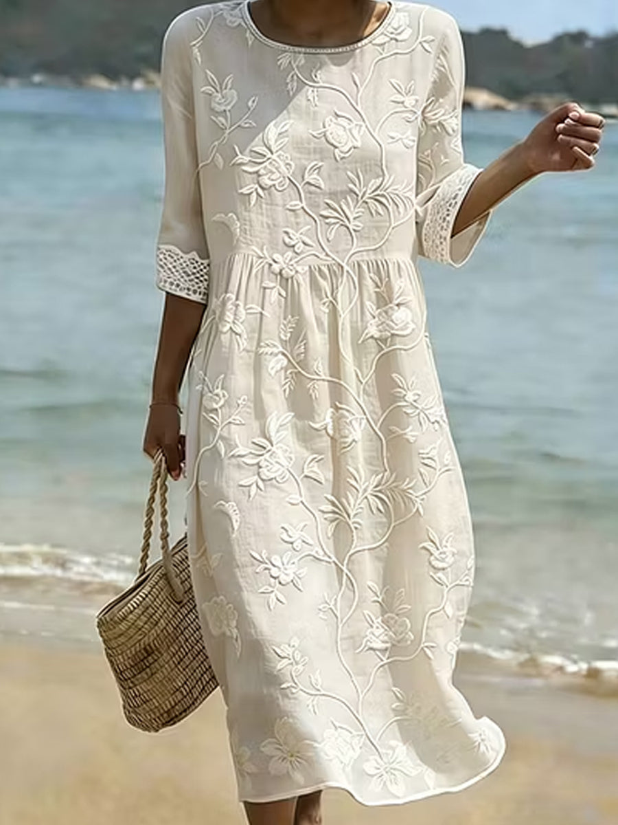 Robe mi-longue ample élégante et chic, vintage, à col en V et imprimé floral bohème