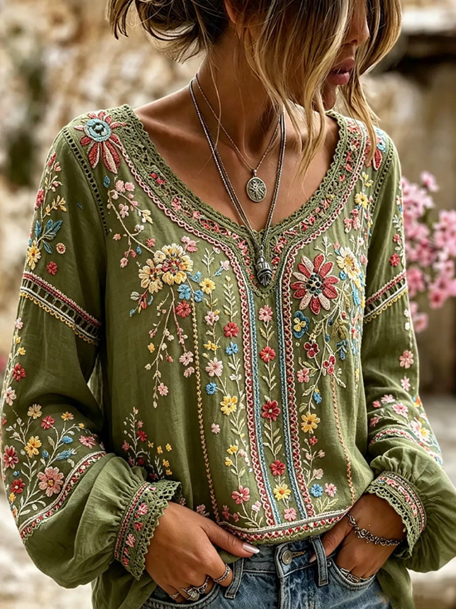 Haut décontracté en coton-lin pour femme, imprimé floral vintage