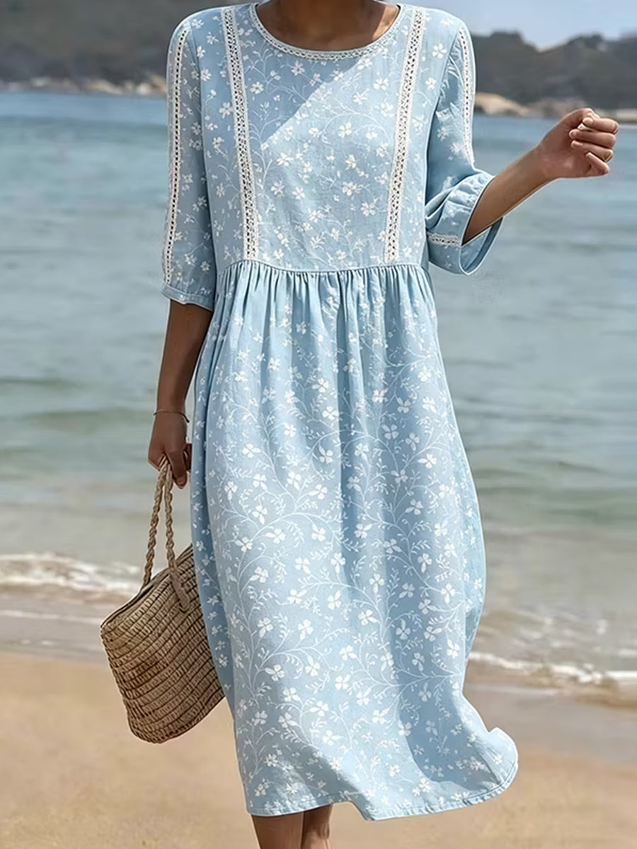 Vintage col en V bohème imprimé floral élégant Chic Loose Midi Dress