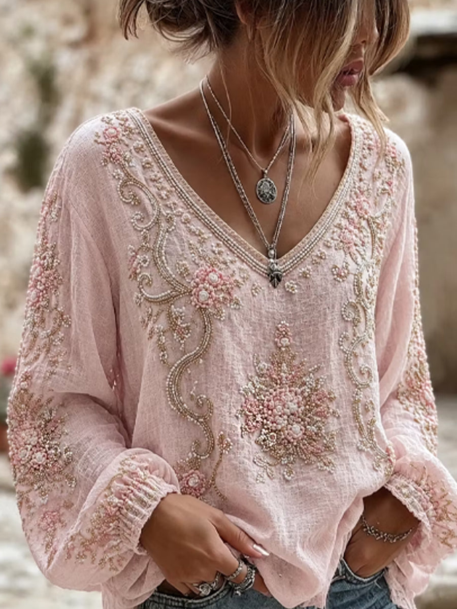 Haut décontracté en coton-lin pour femme, imprimé floral vintage