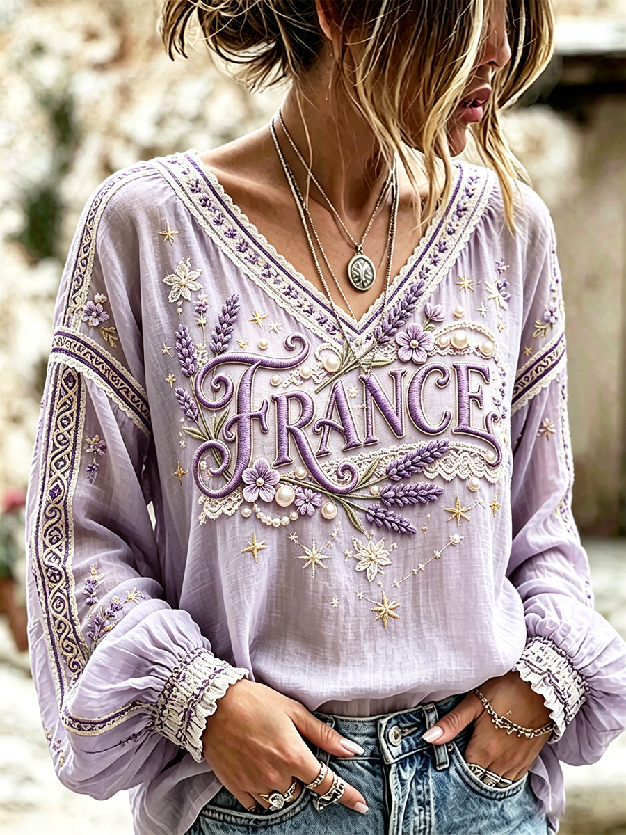 T-shirt femme col en V en coton-lin, motif festif violet à la française et lavande, pour un été frais
