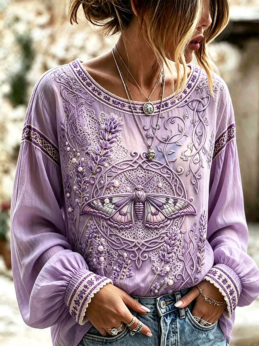 T-shirt rétro d’été cool en coton-lin pour femme, imprimé papillons violets et lavande