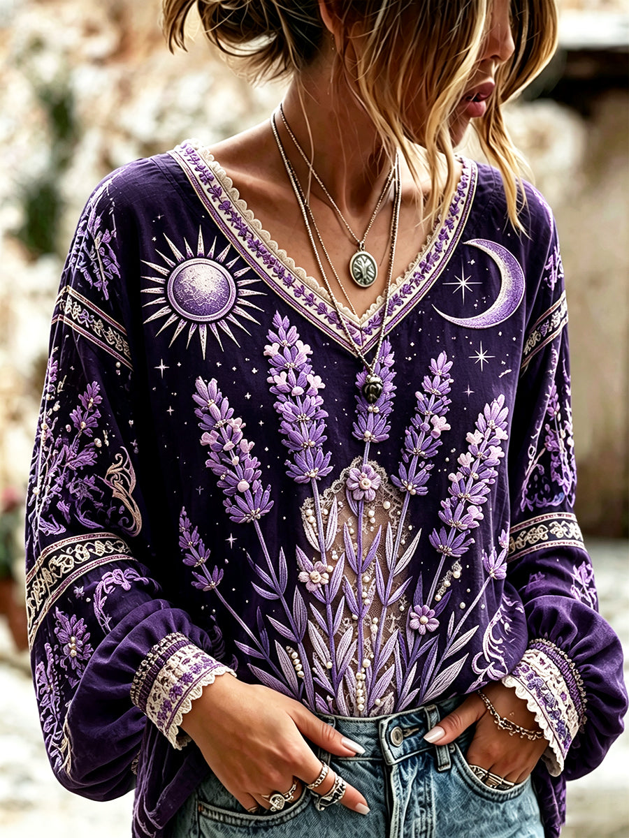 T-shirt femme col en V élégant et frais, en coton-lin, à imprimé festival français lavande violet profond
