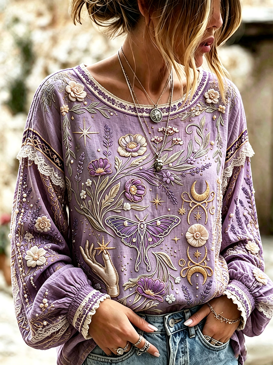 T-shirt rétro femme en coton-lin, motif festif violet et lavande, tendance été fraîche
