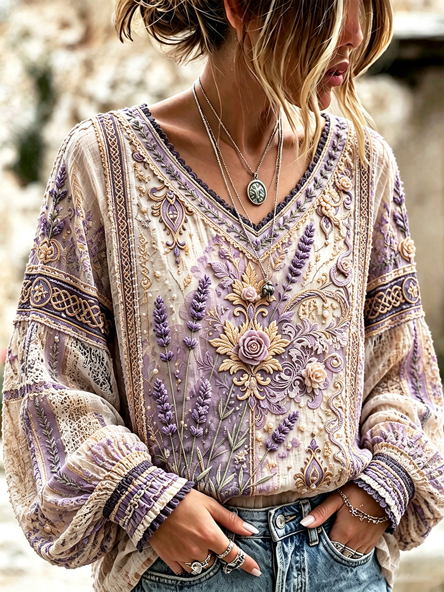 T-shirt d’été élégant et rafraîchissant pour femme, en coton-lin, à col V, imprimé vintage français aux motifs de fête de la lavande