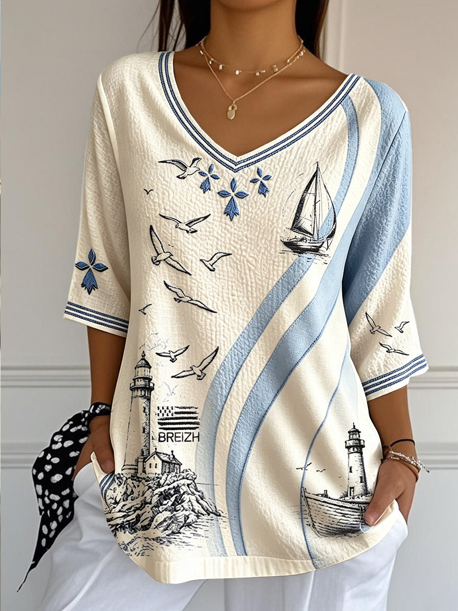T-shirt femme rétro à rayures bretonnes, imprimé français, décontracté, col en V, léger, en coton et lin
