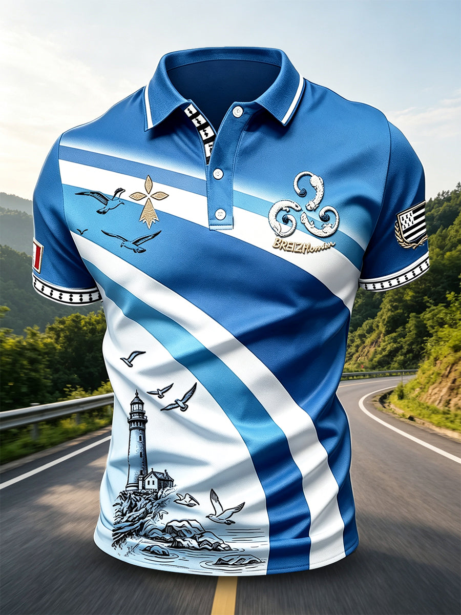 Polo Homme Bleu Casual Style Business À Imprimé Breton