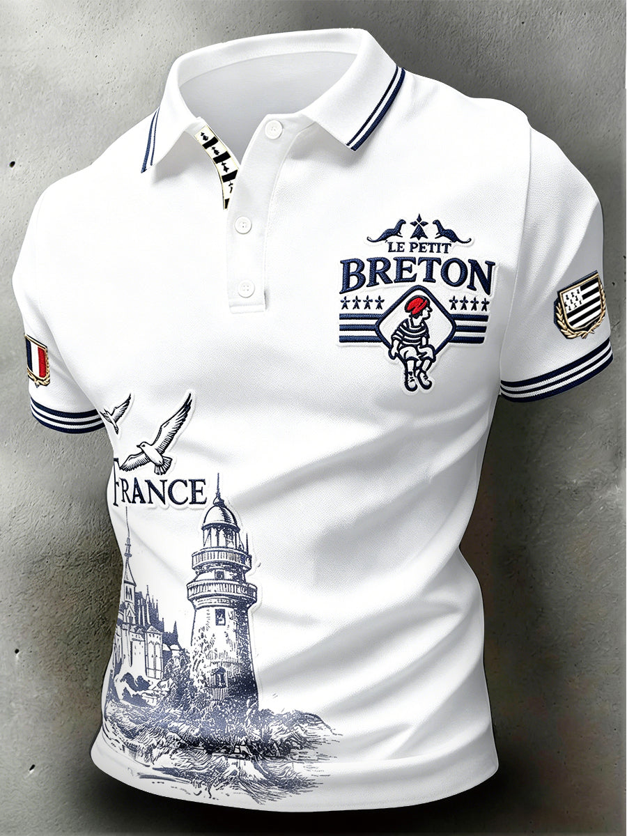 Polo Homme Blanc Minimaliste Imprimé Style Breton Blanc