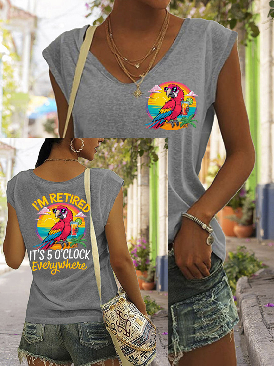 T-shirt décontracté sans manches à imprimé perroquet pour femme I'm Retired It's 5 O'clock Everywhere
