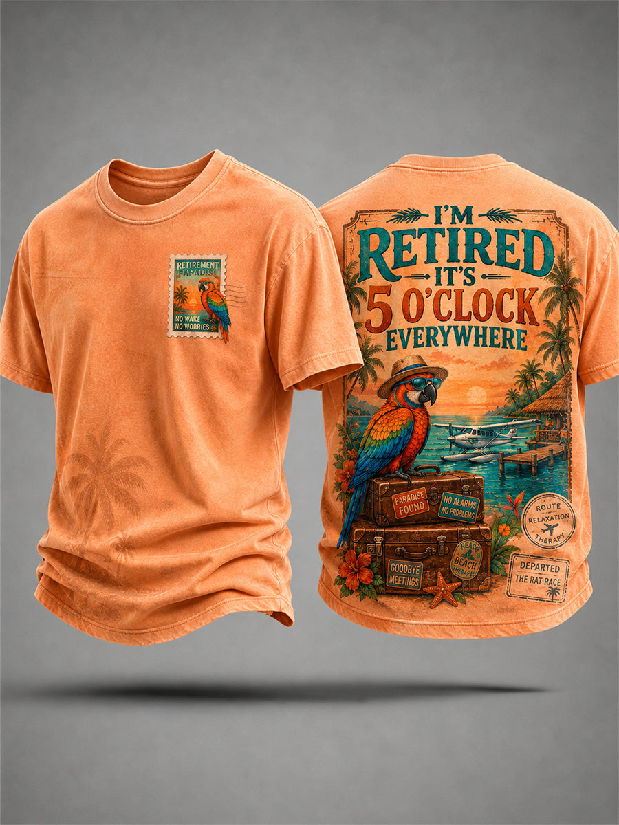T-shirt décontracté pour homme avec imprimé «Je suis à la retraite, il est 17 heures partout» et perroquet