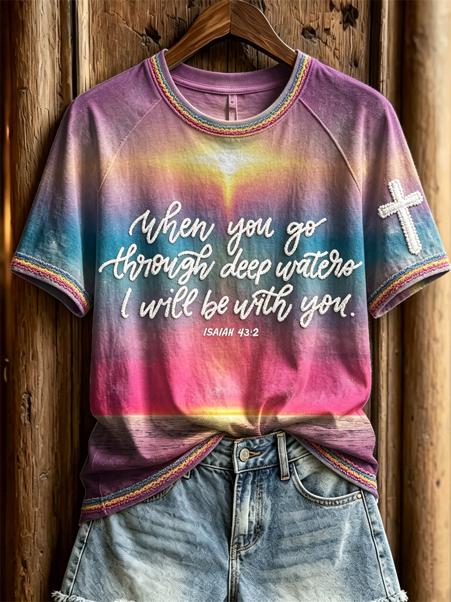 T-shirt à manches courtes pour femmes, avec imprimé dégradé représentant un paysage marin et la mention: «Lorsque tu traverseras les eaux profondes, je serai avec toi»