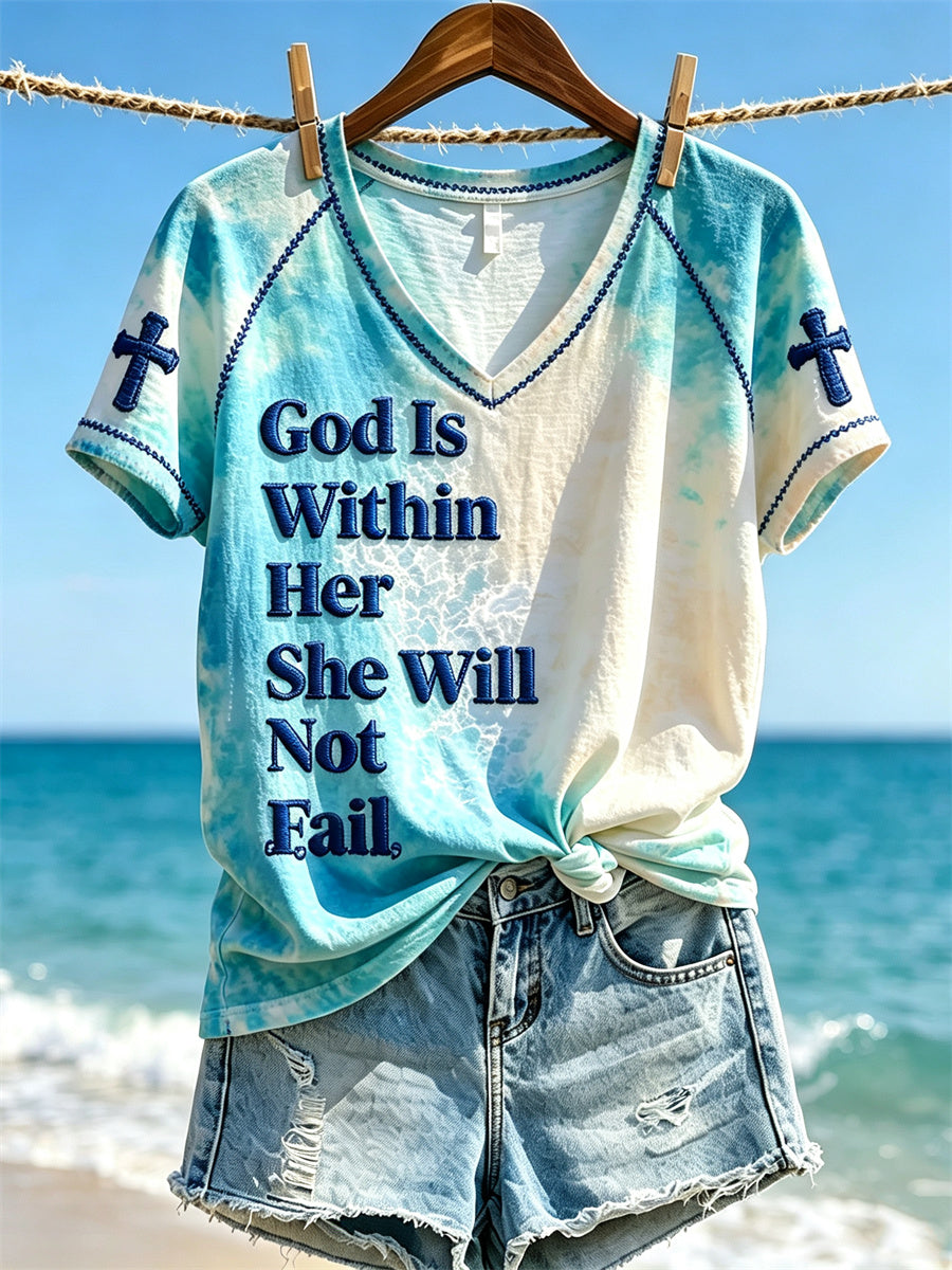 Women's God is in He Will Not Fail Beach Sea Waves Print T-shirt à manches courtes