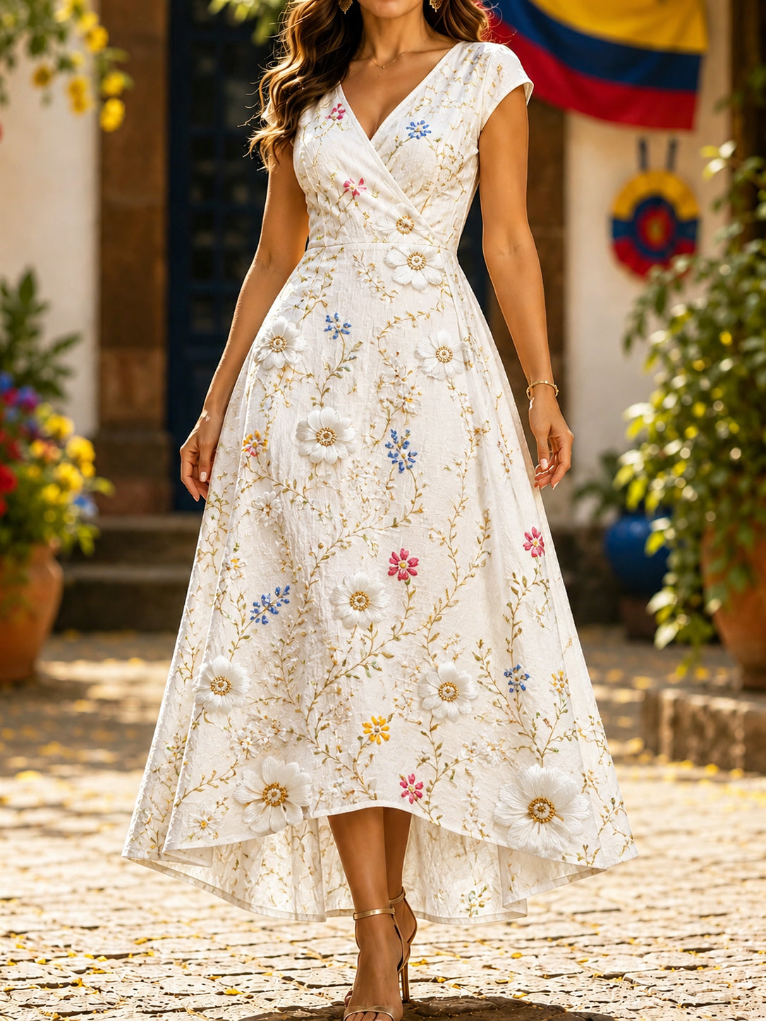 Robe pour femme en coton et lin, style imprimé floral