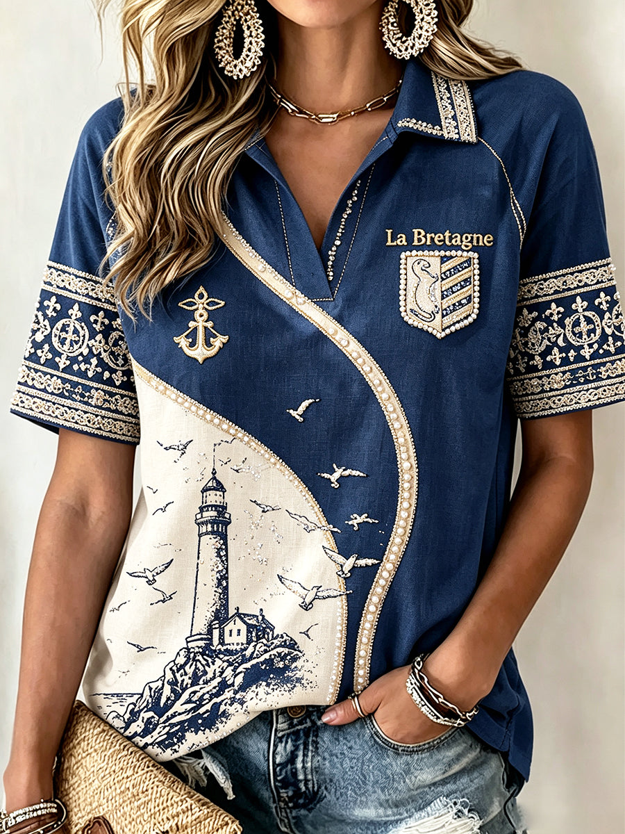 Polo femme à col en V, imprimé patchwork breton