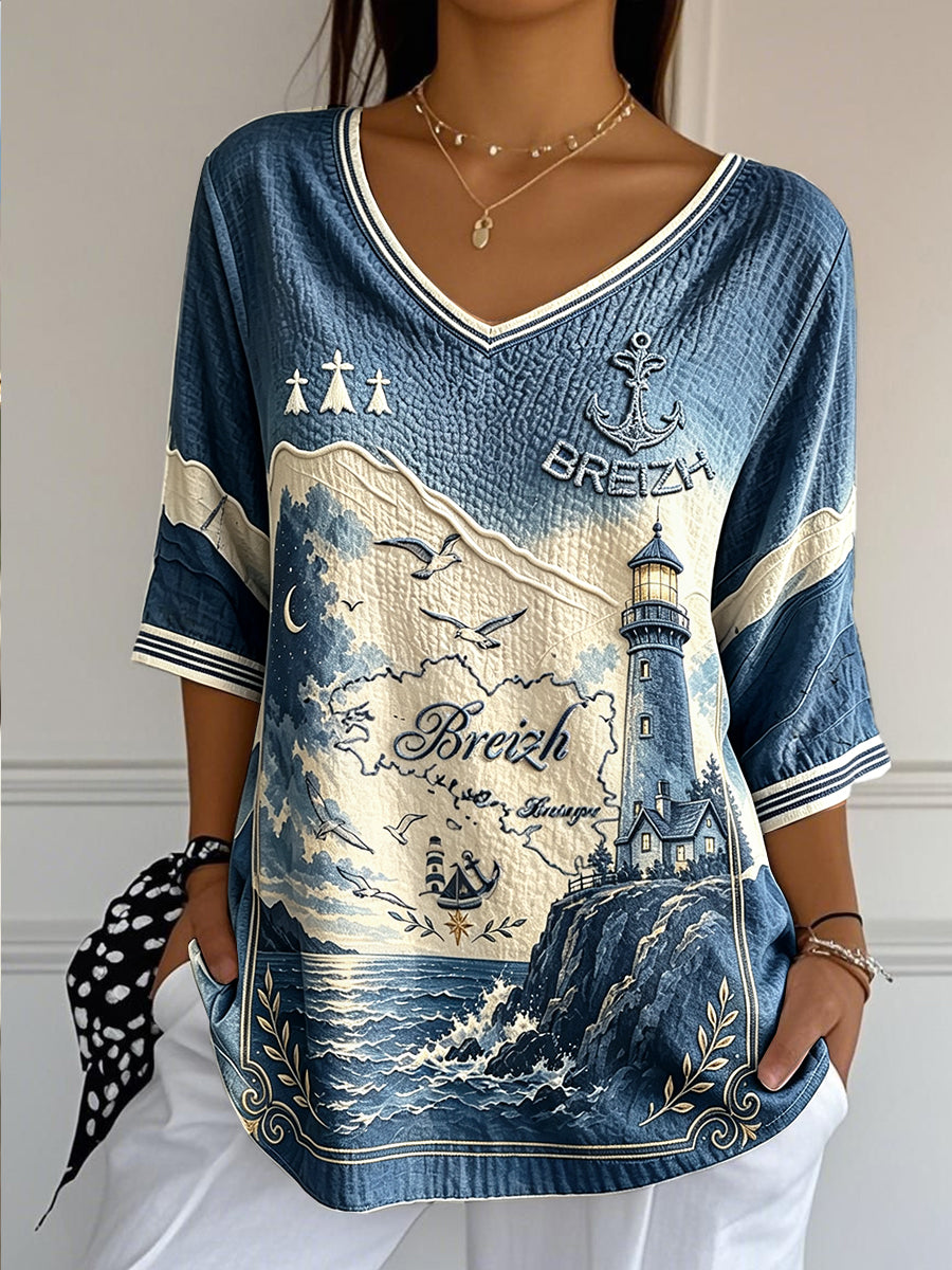 T-shirt été frais en coton-lin à col V, imprimé français de Bretagne, dégradé bleu profond pour femme