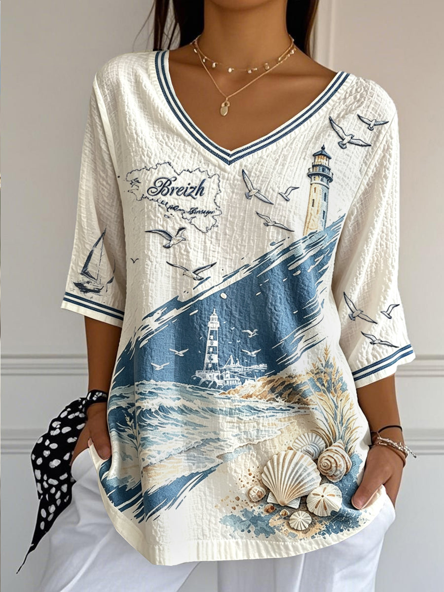 Femmes Français Bretagne Bord de Mer Imprimé Casual et Cool D'été Coton-Lin V-cou T-shirt