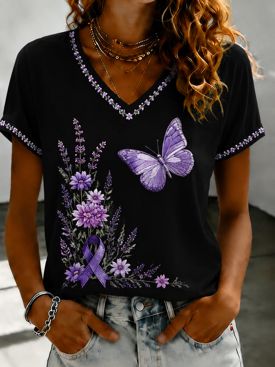 T-shirt Femme Violet Imprimé Flora Art Col V
