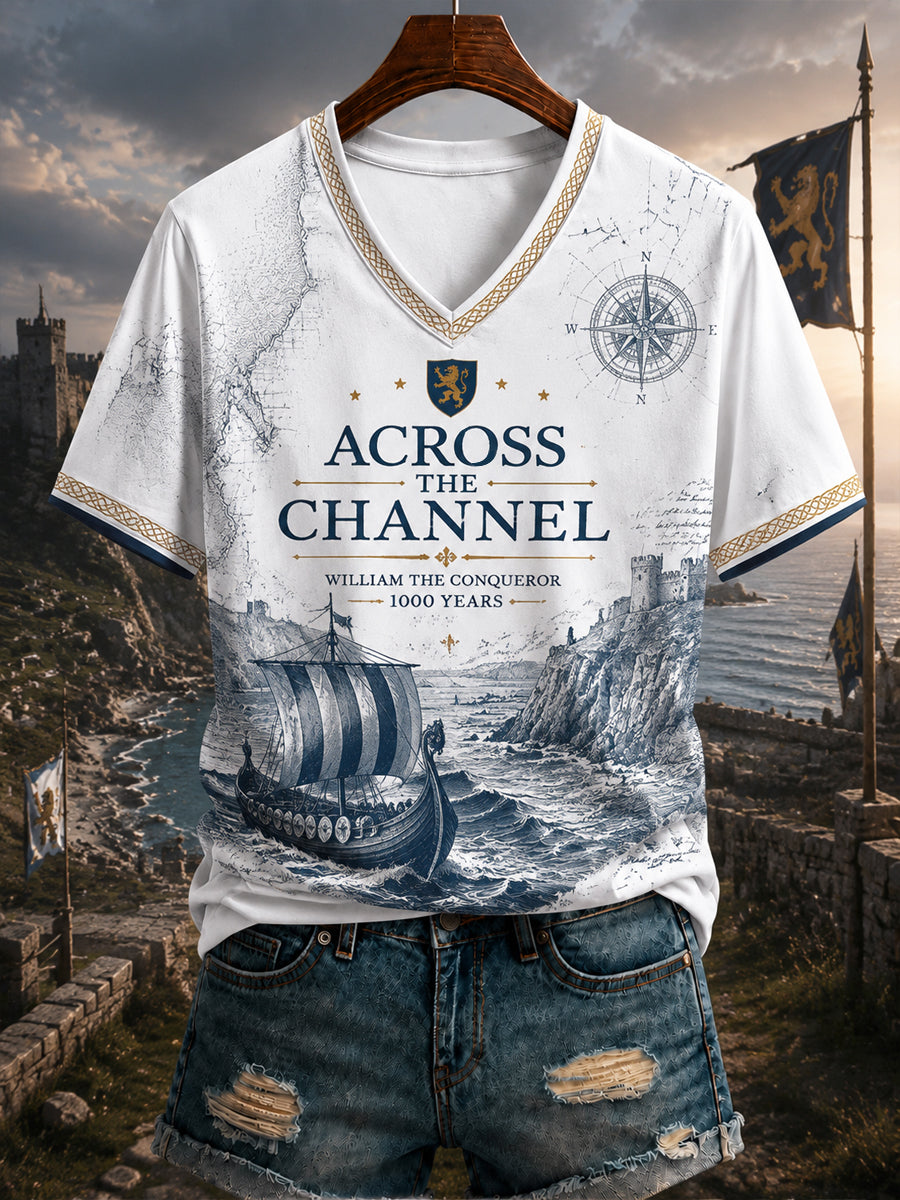 T-shirt femme à col en V imprimé Normandie, France
