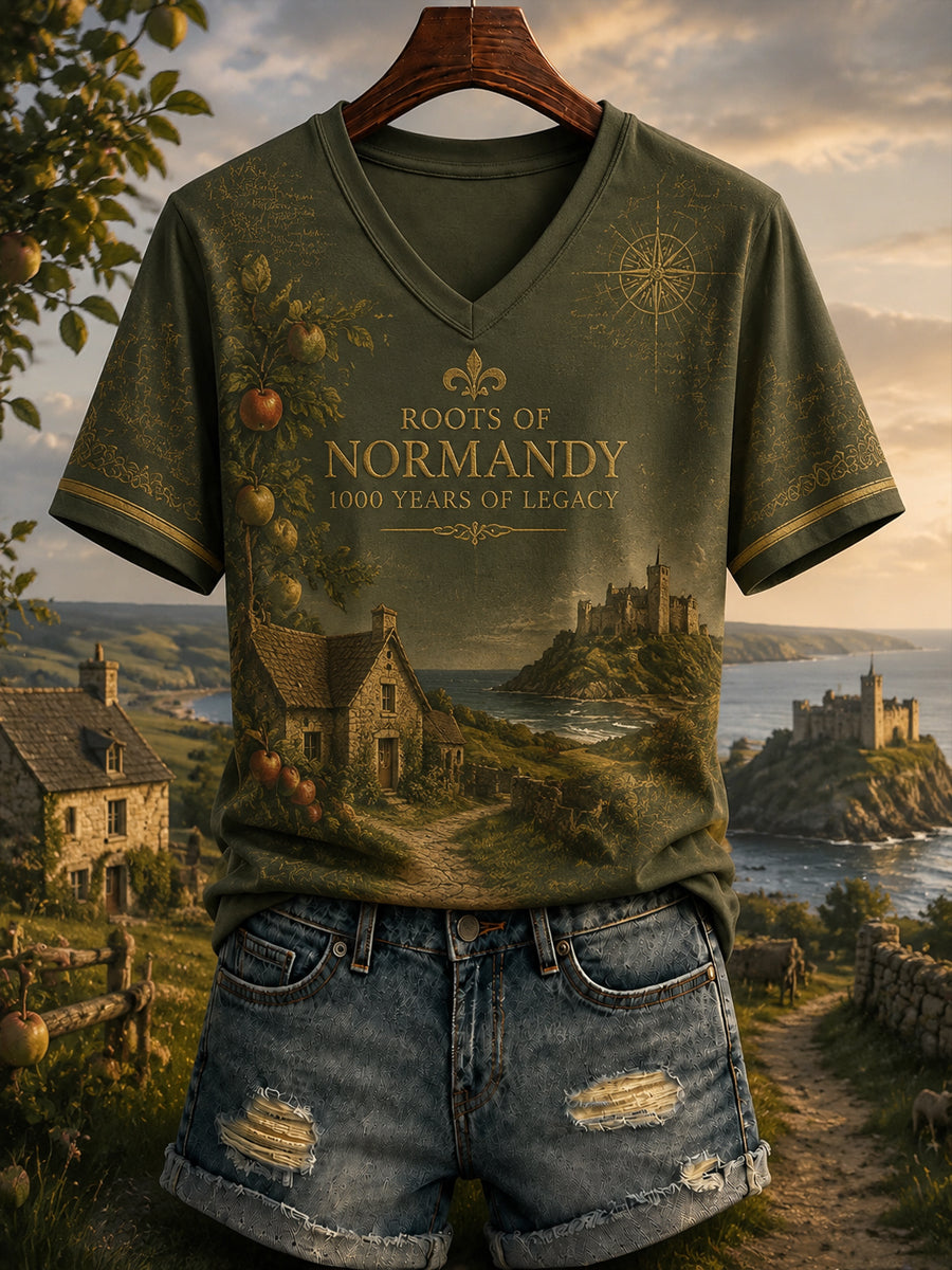 T-shirt femme à col en V imprimé Normandie, France
