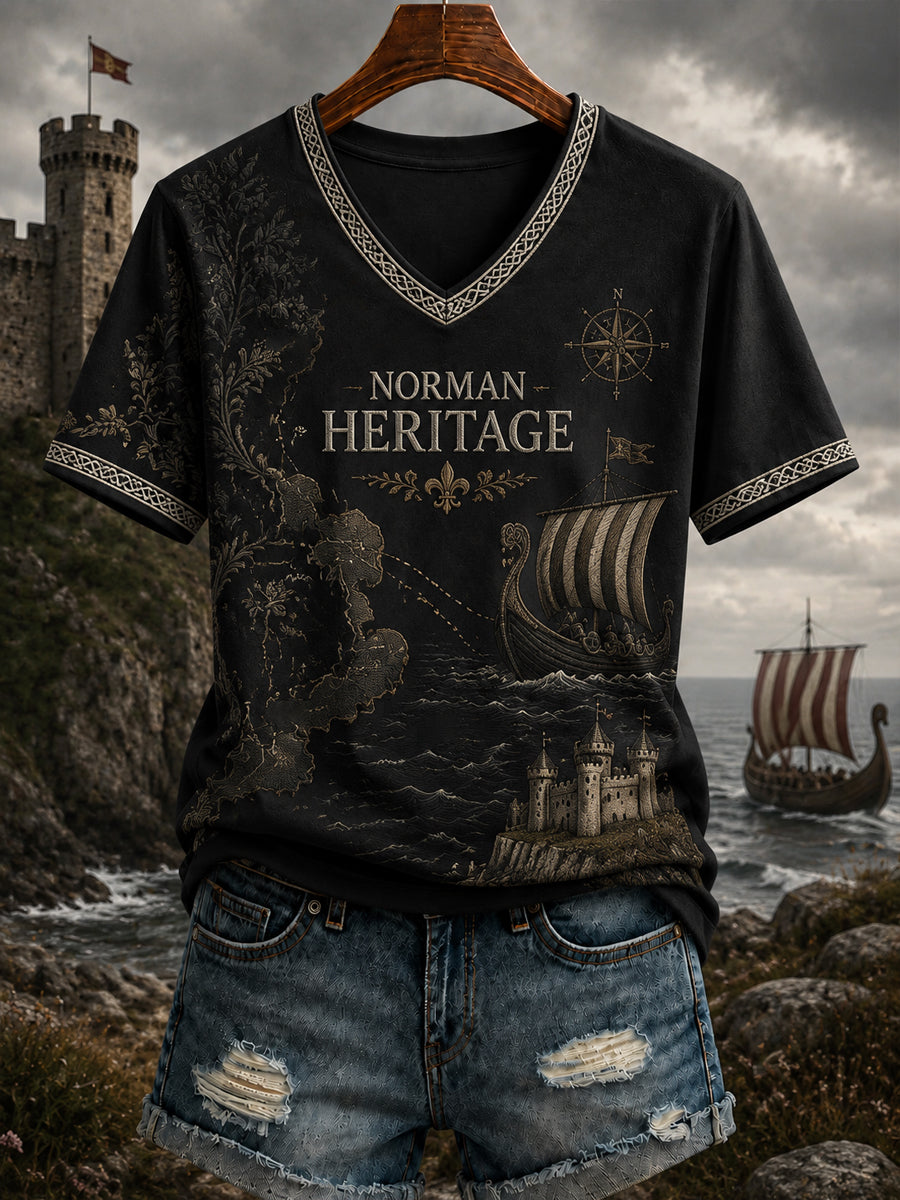 T-shirt femme à col en V imprimé Normandie, France