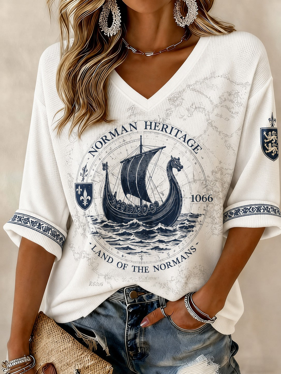 T-shirt femme à manches mi-longues et col en V, imprimé France Normandie