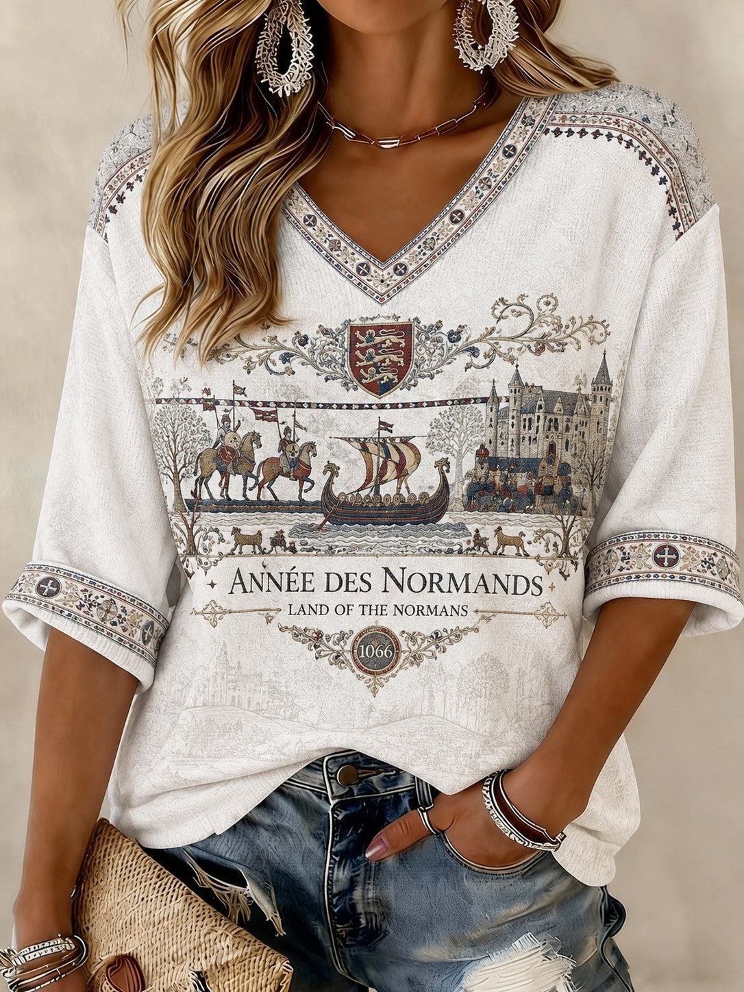 T-shirt femme à manches mi-longues et col en V, imprimé France Normandie