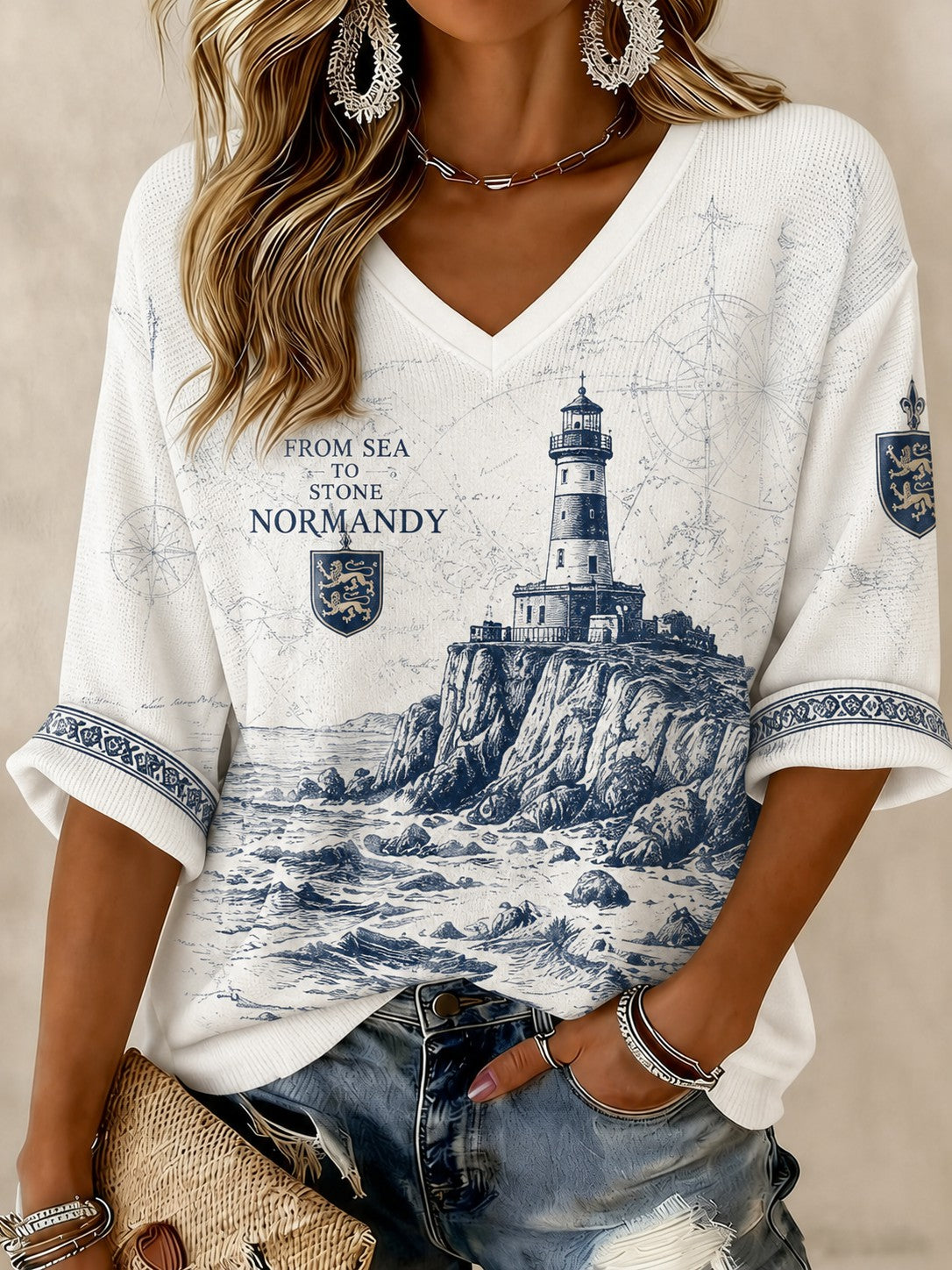 T-shirt femme à manches mi-longues et col en V, imprimé France Normandie