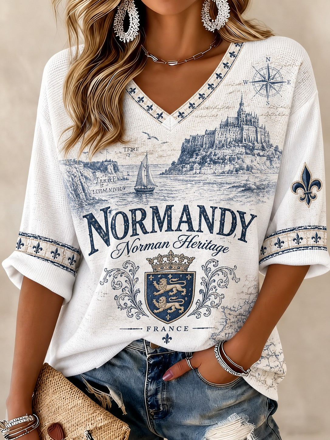 T-shirt femme à manches mi-longues et col en V, imprimé France Normandie