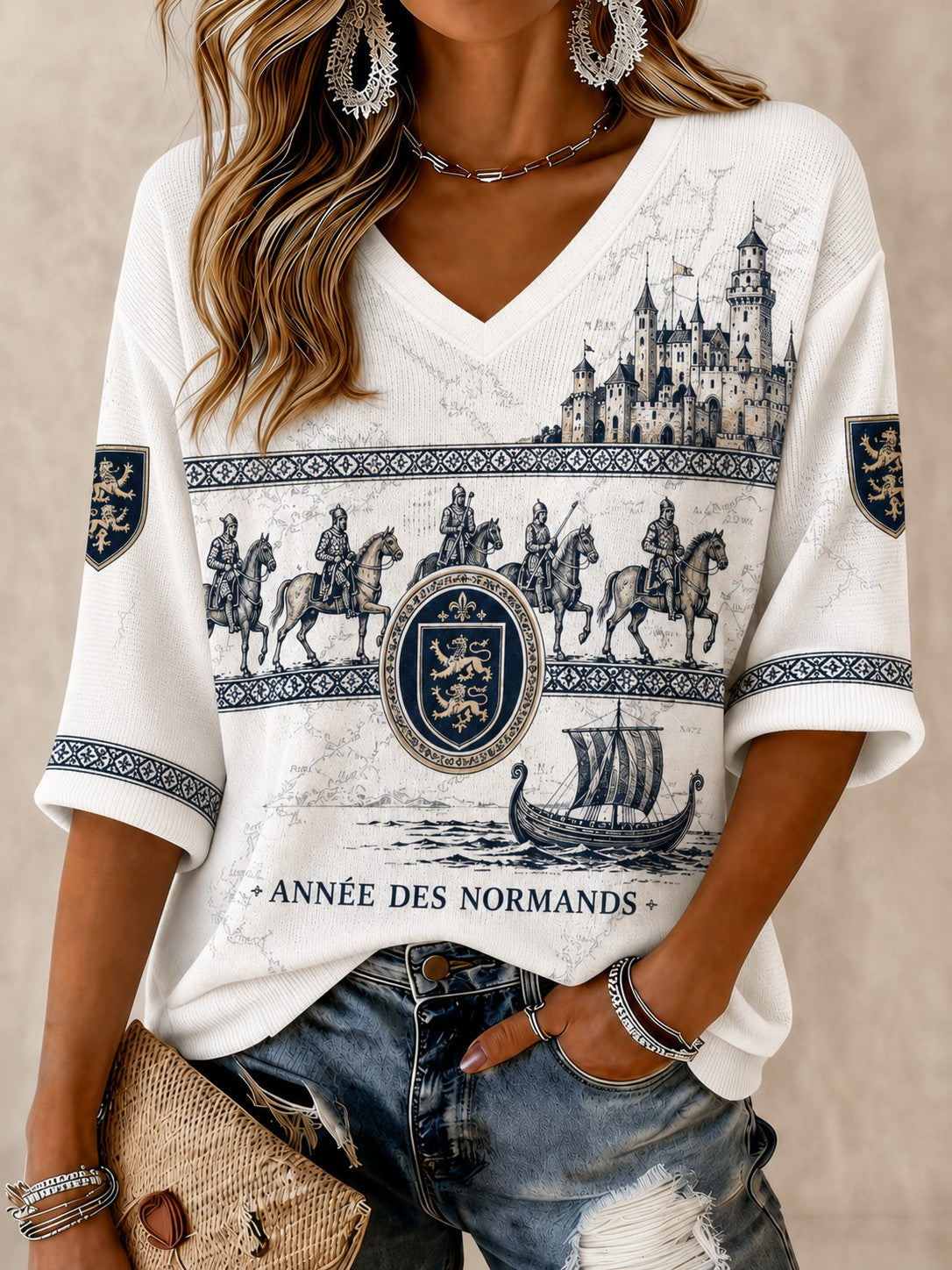 T-shirt femme à manches mi-longues et col en V, imprimé France Normandie
