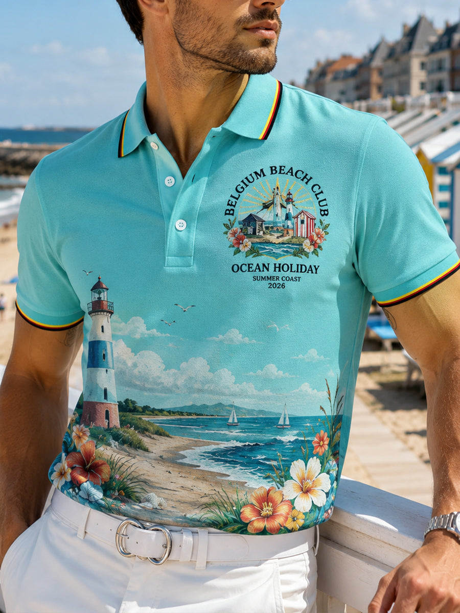 Polo manches courtes pour homme à imprimé sur le thème des vacances côtières