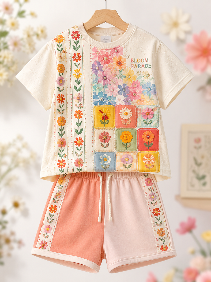 Ensemble chemise à manches courtes pour enfants, motifs fleuris