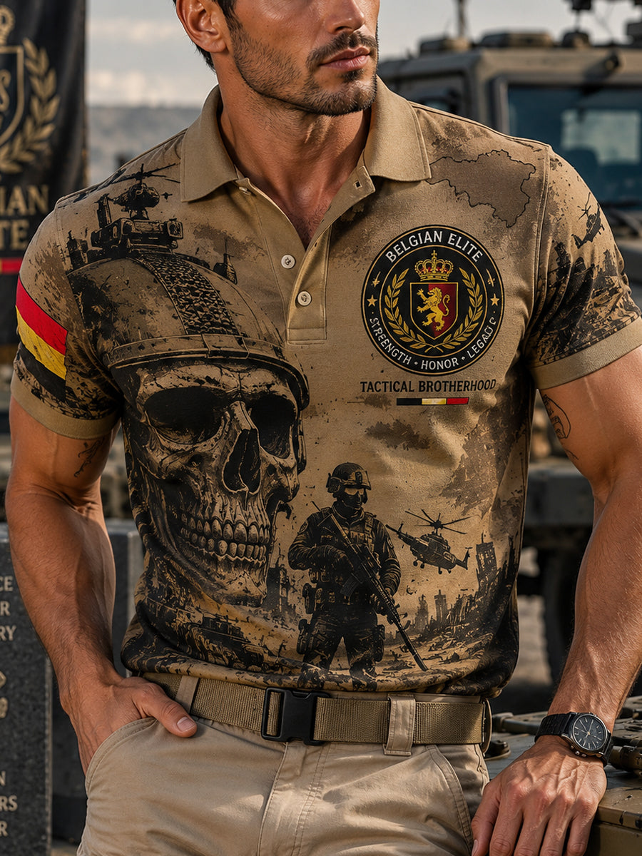 Polo à manches courtes pour homme, orné de motifs vintage camouflage et d’inspiration militaire
