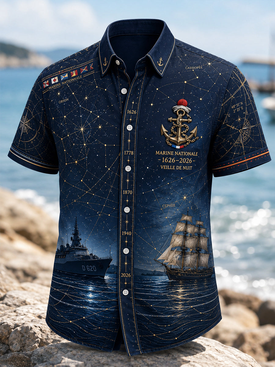 Chemise décontractée pour homme, marine française, manches courtes