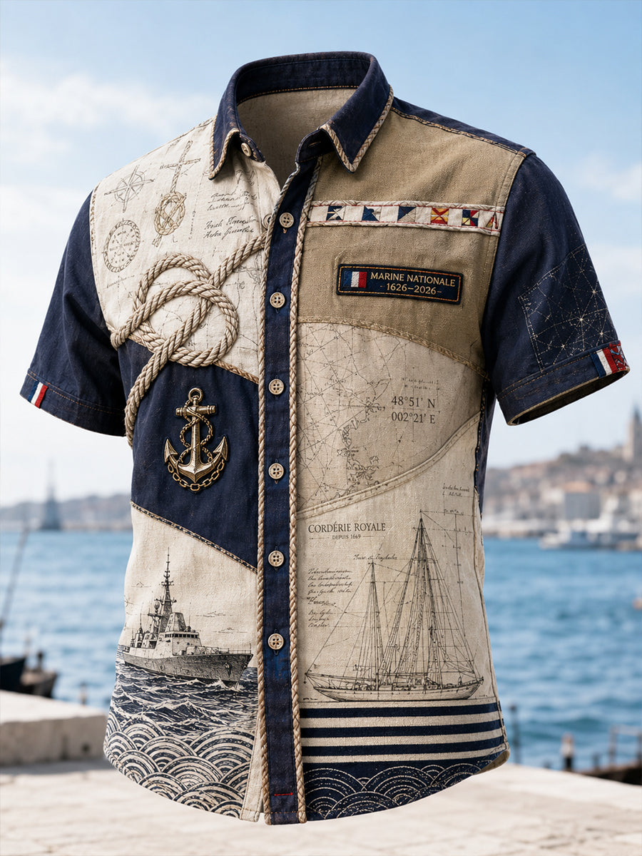 Chemise décontractée pour homme, marine française, manches courtes